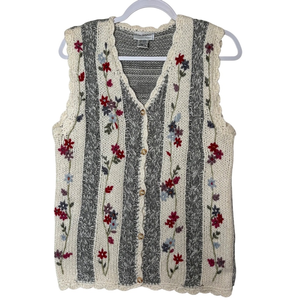 Vtg Adrian Delafield Sweater Vest S Floral Embroidered Cottagecore Grandma Knit